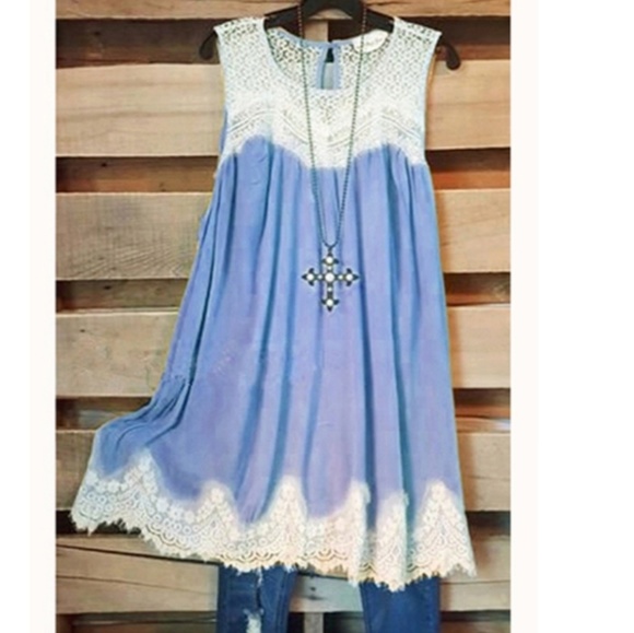 Tops - *S left* Blue Lace Accent Swing Tunic Dress